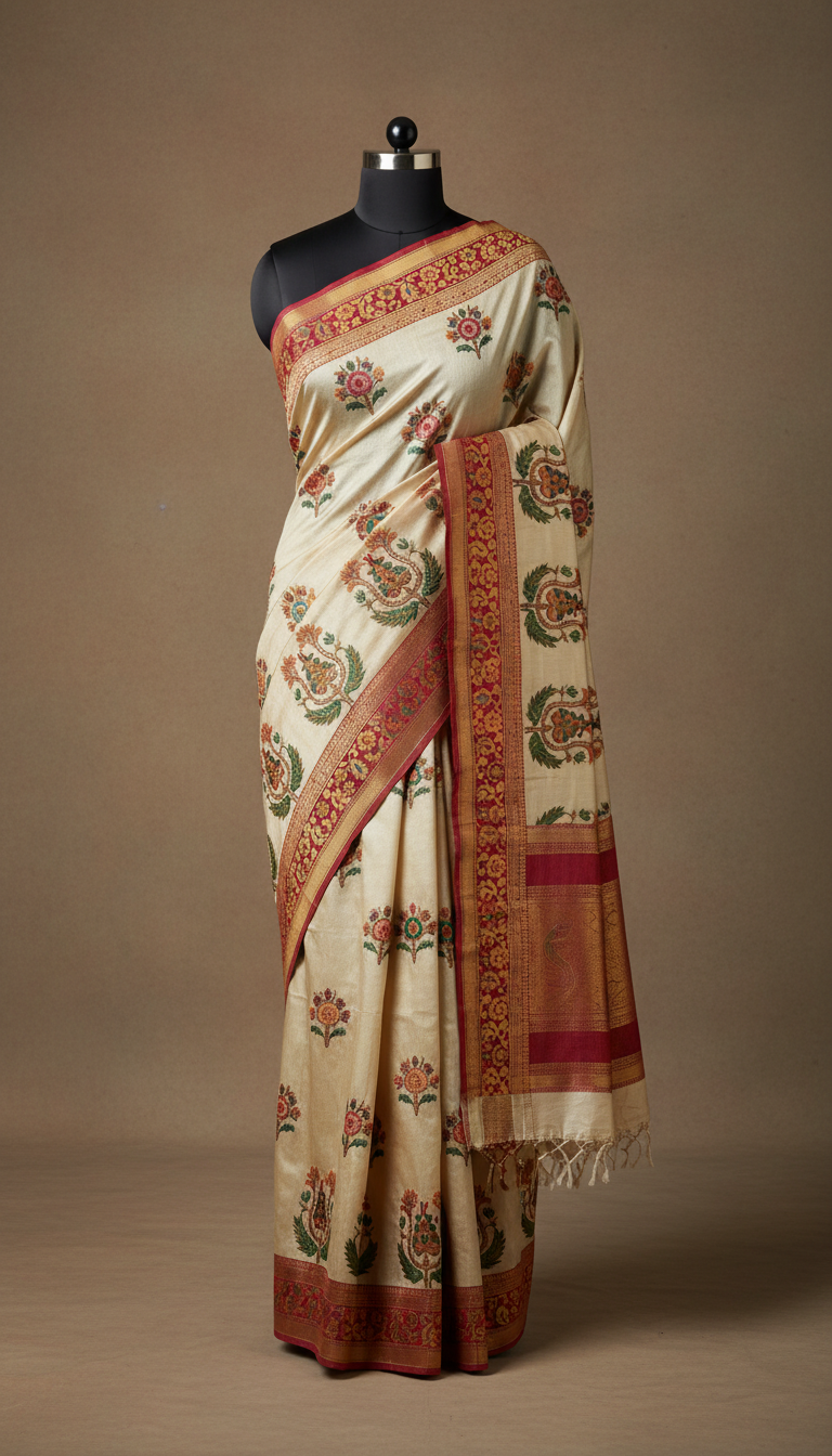 Ivory Silk Saree with Heritage Embroidery