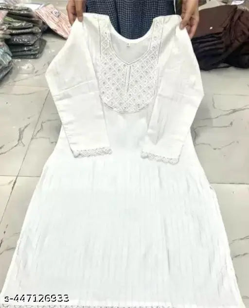 Women White Cotton Embroidered Kurti | A-Line Anarkali Kurta with 3/4 Sleeves & Round Neck | Casual, Office & Festive Wear Kurti