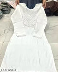 Women White Cotton Embroidered Kurti | A-Line Anarkali Kurta with 3/4 Sleeves & Round Neck | Casual, Office & Festive Wear Kurti