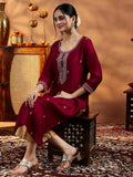 Libas Maroon Embroidered Silk Straight Kurta