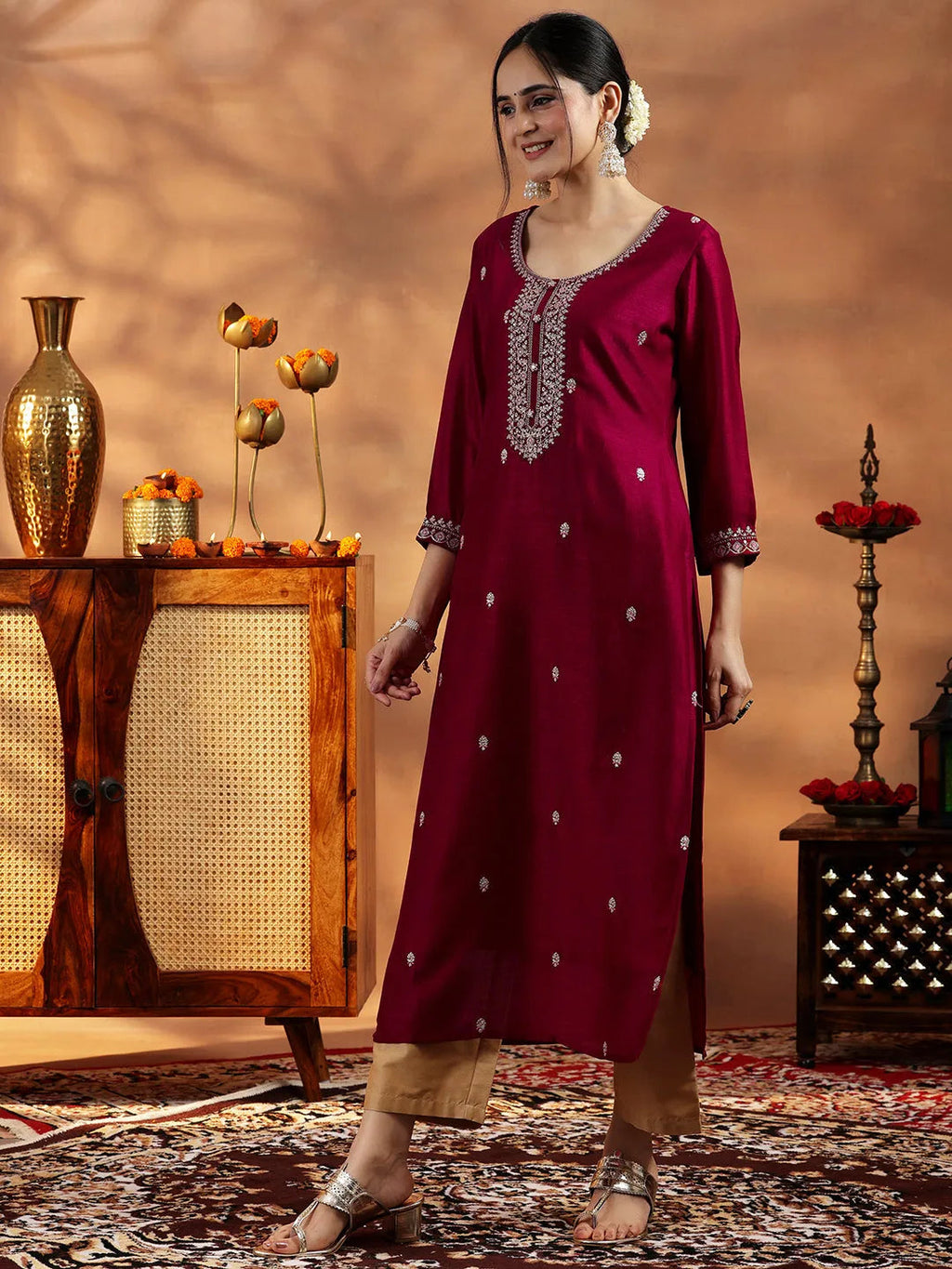 Libas Maroon Embroidered Silk Straight Kurta