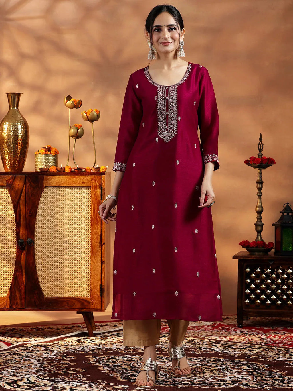 Libas Maroon Embroidered Silk Straight Kurta