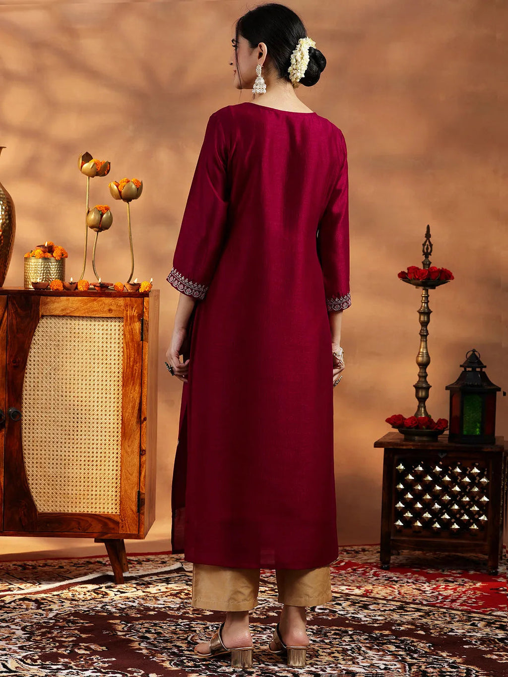 Libas Maroon Embroidered Silk Straight Kurta