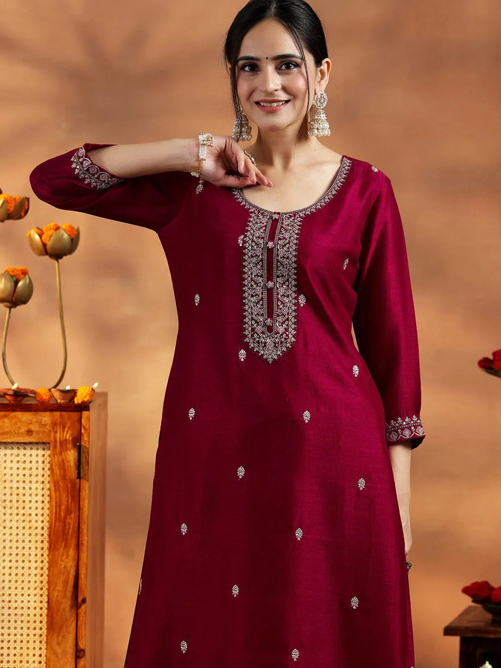 Libas Maroon Embroidered Silk Straight Kurta