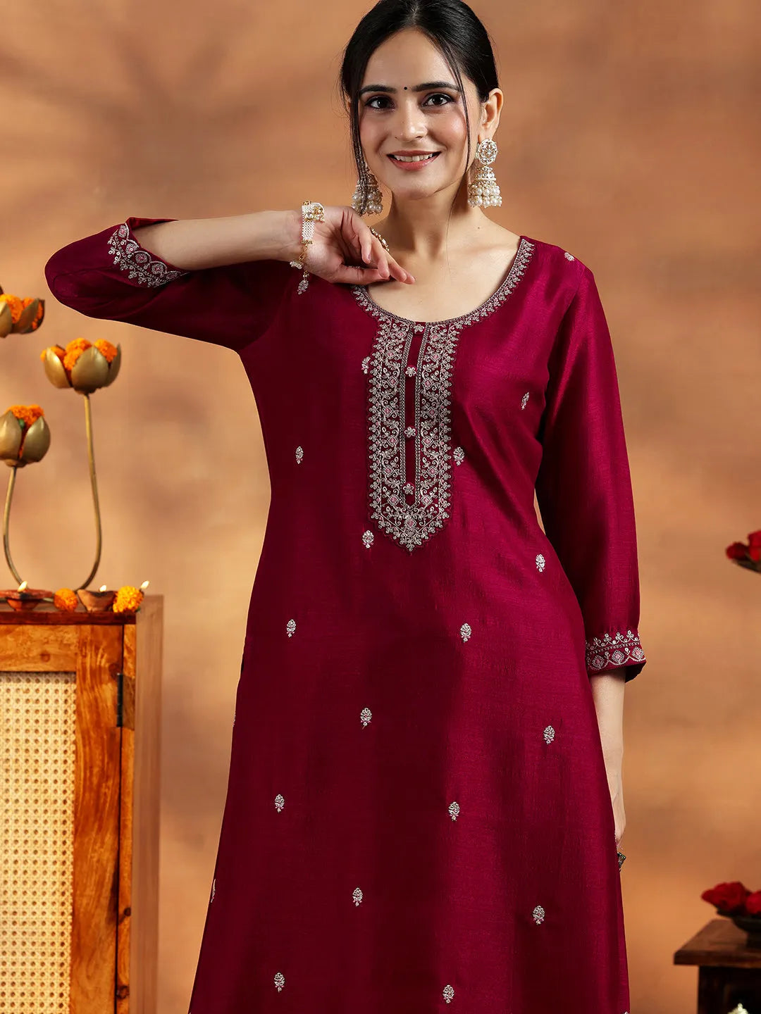 Libas Maroon Embroidered Silk Straight Kurta