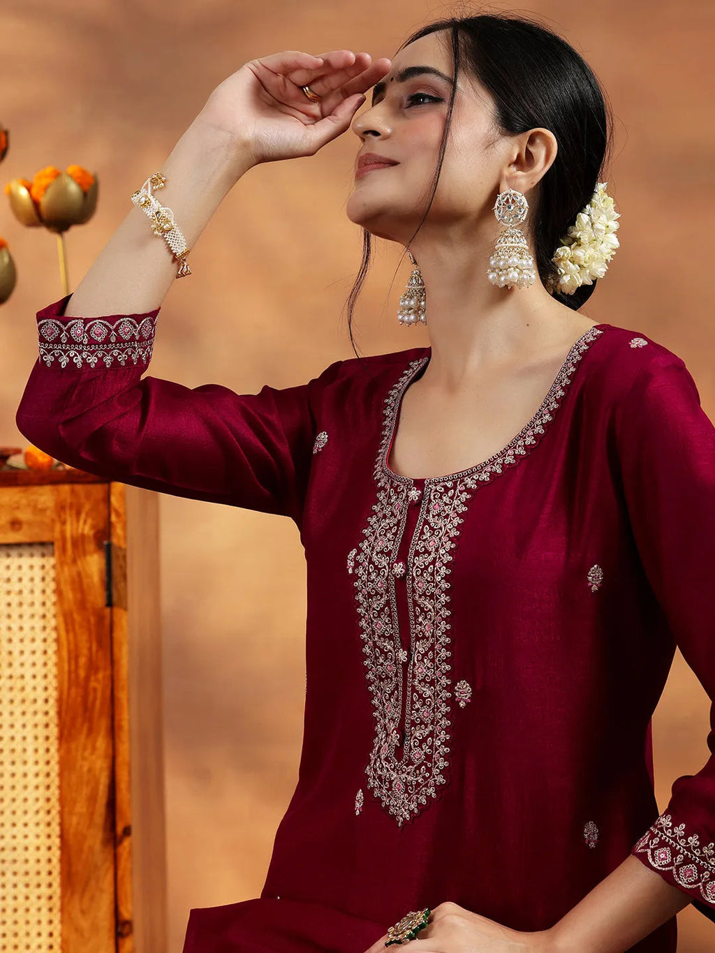 Libas Maroon Embroidered Silk Straight Kurta