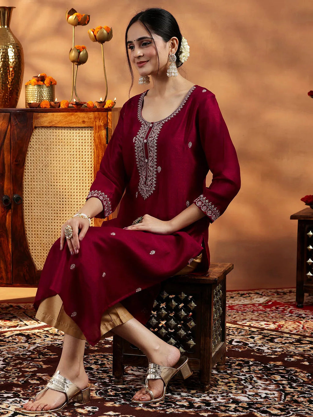 Libas Maroon Embroidered Silk Straight Kurta